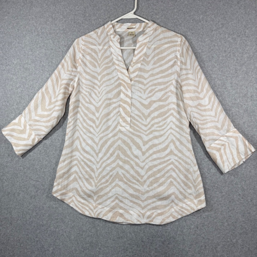 Magaschoni Linen Tunic Blouse Womens S Tan White Zebra Print 3/4 Sleeve Split V